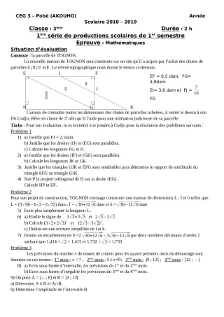 Première page de Mathématiques 3e, 3e ML — 1re production scolaire, 1er semestre (2018-2019) · CEG3 Pobè (Akouho)