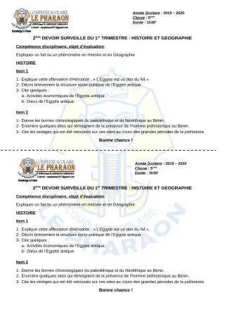 Première page de Histoire-Géographie 5e — 2e devoir surveillé, 1er trimestre (2019-2020) · CPEG LE PHARAON