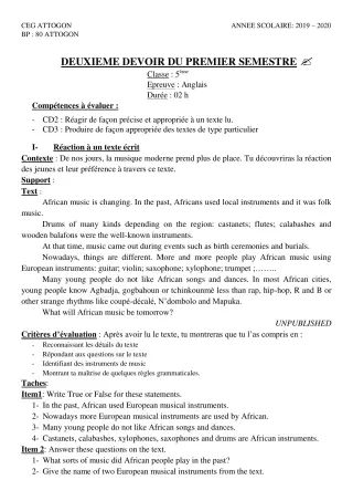 Première page de Anglais 5e — 2e devoir surveillé, 1er semestre (2019-2020) · CEG Attogon