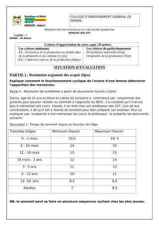 Première page de SVT 3e — 1er devoir surveillé, 2e semestre (2022-2023) · CEG SEKERE