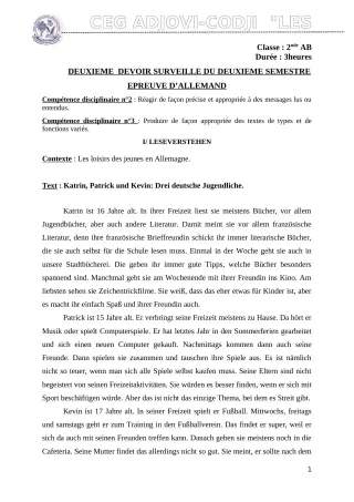Première page de Allemand 2nde B — 2e devoir surveillé, 2e semestre (2019-2020) · CEG ADJOVICODJI 'LES OLIVIERS'