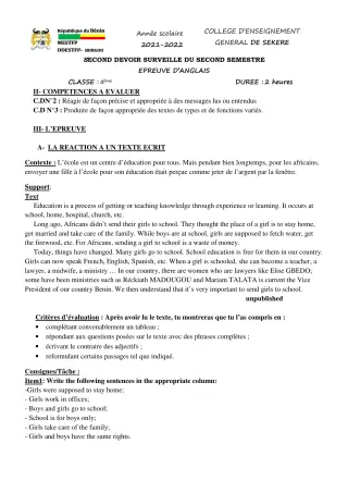 Première page de Anglais 4e — 2e devoir surveillé, 2e semestre (2021-2022) · CEG SEKERE