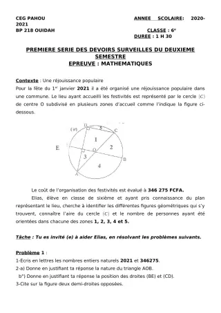 Première page de Mathématiques 6e — 1er devoir surveillé, 2e semestre (2020-2021) · CEG PAHOU