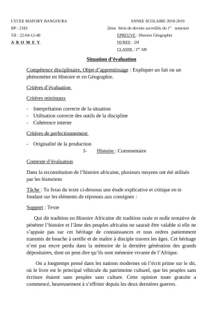 Première page de Histoire-Géographie 2nde A & B — 2e devoir surveillé, 1er semestre (2018-2019) · Lycée Houegbadja d'Abomey (Ex Mafory Bangoura)