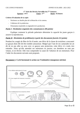 Première page de SVT 3e — 1er devoir surveillé, 2e semestre (2021-2022) · CEG ZONGO