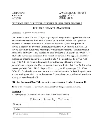 Première page de Mathématiques 1ère A, 1ère B — 2e devoir surveillé, 1er semestre (2017-2018) · CEG l'Océan