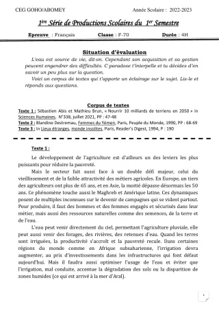 Première page de Français Tle A2, Tle D — 1re production scolaire, 1er semestre (2022-2023) · CEG GOHO