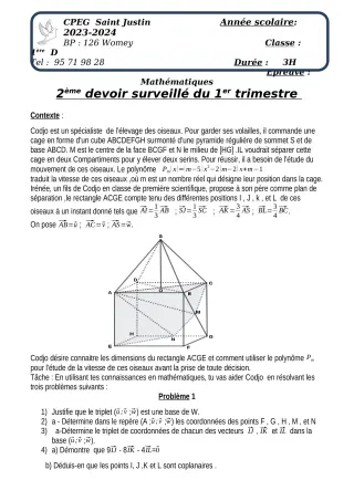 Première page de Mathématiques 1ère D, Tle A2, Tle B — 2e devoir surveillé, 1er trimestre (2023-2024) · CPEG SAINT Justin
