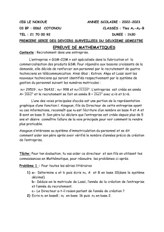Première page de Mathématiques Tle A1, Tle A2, Tle B — 1er devoir surveillé, 2e semestre (2022-2023) · CEG LE NOKOUE