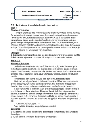 Première page de Devoir surveillé de FRANCAIS COM. ECRITE — 3e — CEG2 ABOMEY - CALAVI (CEG ZOCA) (2021)