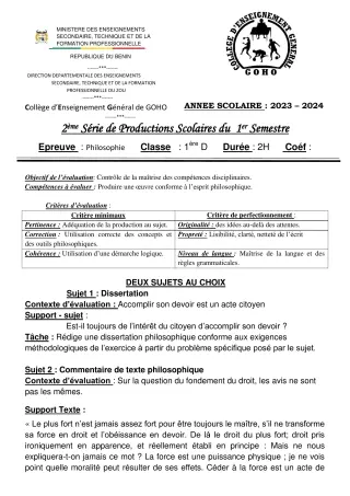 Première page de Philosophie 1ère D — 2e production scolaire, 1er semestre (2023-2024) · CEG GOHO