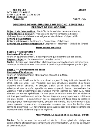 Première page de Philosophie 1ère B — 2e devoir surveillé, 2e semestre (2019-2020) · CEG du Lac