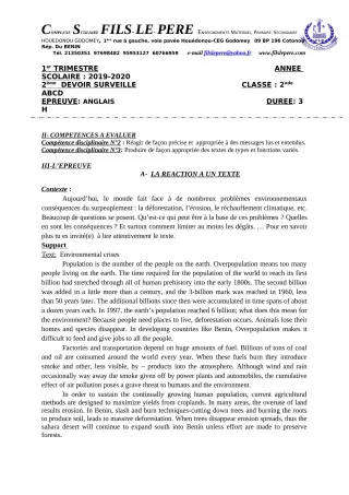 Première page de Anglais 2nde A1, 2nde A2, 2nde B, 2nde C, 2nde D, 1ère A1 — 2e devoir surveillé, 1er trimestre (2019-2020) · CPEG Fils-Le-Père