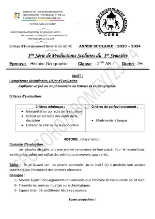Première page de Histoire-Géographie 2nde A & B — 1re production scolaire, 1er semestre (2023-2024) · CEG GOHO