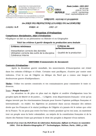 Première page de Histoire-Géographie Tle A1, Tle A2 — 1re production scolaire, 2e semestre (2022-2023) · CEG1 Ikpinlè