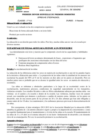 Première page de Espagnol 1ère A2 — 1er devoir surveillé, 1er semestre (2021-2022) · CEG SEKERE