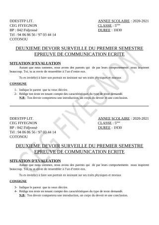 Première page de Français 5e — 2e devoir surveillé, 1er semestre (2020-2021) · CEG FIYEGNON