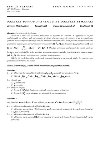 Première page de Mathématiques Tle B — Devoir surveillé, 1er semestre (2018-2019) · CEG Le Plateau