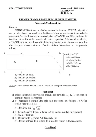 Première page de Mathématiques 3e, 3e ML — 1er devoir surveillé, 1er semestre (2019-2020) · CEG ATROKPOCODJI