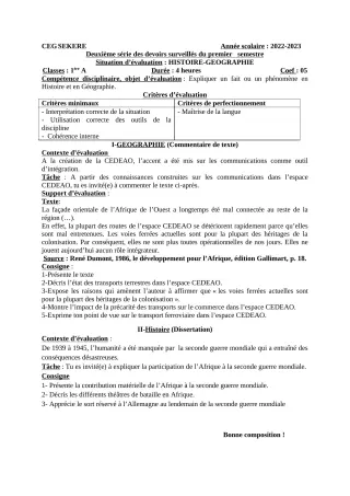 Première page de Histoire-Géographie 1ère A2 — 2e devoir surveillé, 1er semestre (2022-2023) · CEG SEKERE