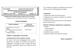 Première page de Histoire-Géographie 4e — 1er devoir surveillé, 2e semestre (2018-2019) · CEG Kpébié