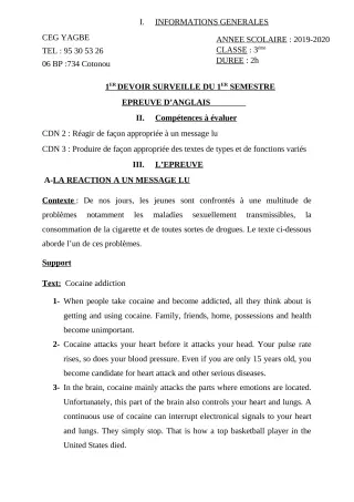Première page de Anglais 3e — 1er devoir surveillé, 1er semestre (2019-2020) · CEG Yagbe