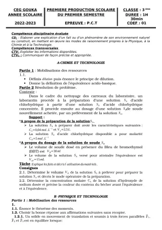 Première page de PCT 3e — 1re production scolaire, 1er semestre (2022-2023) · CEG GOUKA