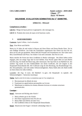 Première page de Allemand 3e ML — 2e évaluation sommative (2019-2020) · CEG GBEGAMEY