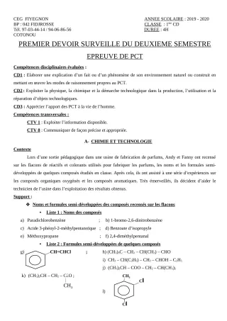 Première page de PCT 1ère B — 1er devoir surveillé, 2e semestre (2019-2020) · CEG FIYEGNON