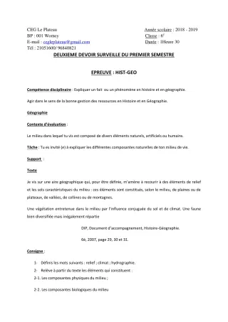 Première page de Histoire-Géographie 6e — 2e devoir surveillé, 1er semestre (2018-2019) · CEG Le Plateau