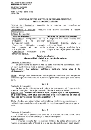 Première page de Philosophie 2nde A2, 2nde B — 2e devoir surveillé, 1er semestre (2019-2020) · CEG L'Entente