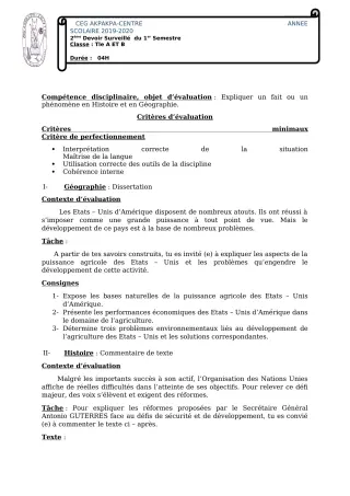 Première page de Histoire-Géographie Tle A1, Tle A2, Tle B — 2e devoir surveillé, 1er semestre (2019-2020) · CEG 1 Akpakpa-Centre