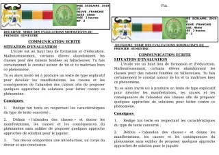 Première page de Français 4e, 4e ML — 2e évaluation sommative, 1er semestre (2019-2020) · CEG GBESSOU