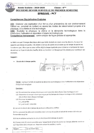Première page de PCT 6e — 2e devoir surveillé, 1er semestre (2019-2020) · CEG ADJOVICODJI 'LES OLIVIERS'