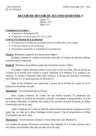 Première page de SVT 3e, 3e ML — 2e devoir surveillé, 2e semestre (2019-2020) · CEG Attogon