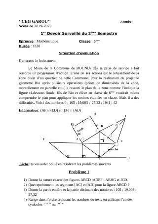 Première page de Mathématiques 6e — 1er devoir surveillé, 2e semestre (2019-2020) · CEG GAROU