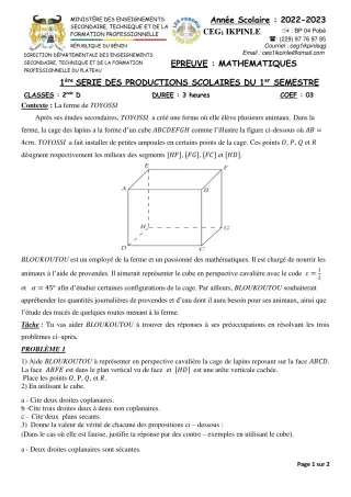 Première page de Mathématiques 2nde D — 1re production scolaire, 1er semestre (2022-2023) · CEG1 Ikpinlè