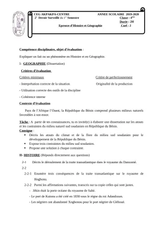 Première page de Histoire-Géographie 4e, 4e ML — 2e devoir surveillé, 1er semestre (2019-2020) · CEG 1 Akpakpa-Centre