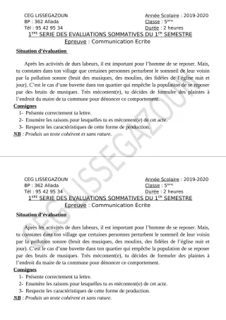 Première page de Français 5e, 3e, 3e ML — 1re évaluation sommative, 1er semestre (2019-2020) · CEG Lissègazoun