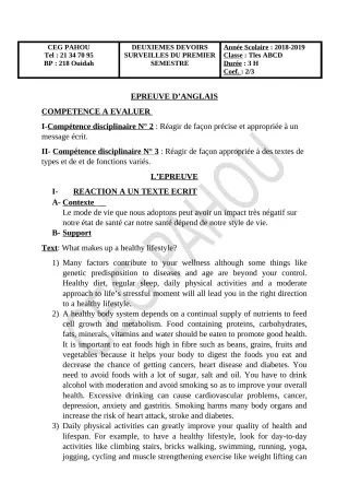 Première page de Anglais Tle A1, Tle A2, Tle B, Tle C, Tle D — Devoir surveillé, 1er semestre (2018-2019) · CEG PAHOU