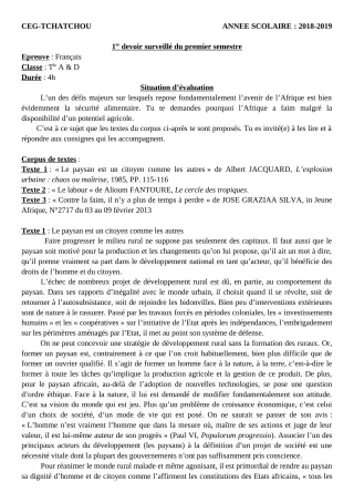 Première page de Français Tle A — 1er devoir surveillé, 1er semestre (2018-2019) · CEG Tchatchou