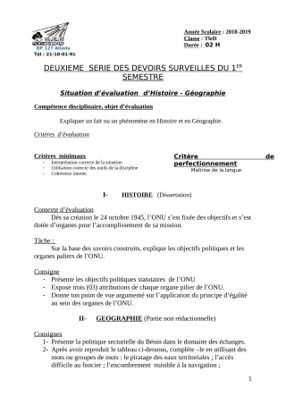 Première page de Histoire-Géographie Tle D — 2e devoir surveillé, 1er semestre (2018-2019) · CEG Sékou