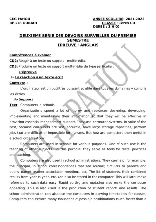 Première page de Anglais 1ère C, 1ère D — 2e devoir surveillé, 1er semestre (2021-2022) · CEG PAHOU