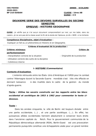Première page de Histoire-Géographie 1ère A1, 1ère A2, 1ère B — 2e devoir surveillé, 2e semestre (2020-2021) · CEG PAHOU