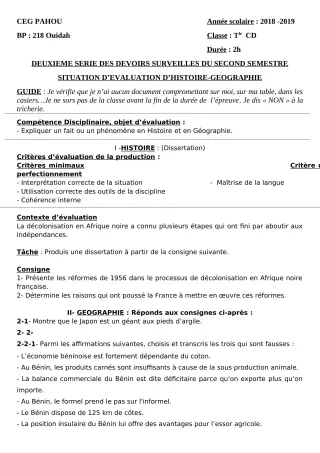 Première page de Histoire-Géographie Tle C, Tle D — 2e devoir surveillé, 2e semestre (2018-2019) · CEG PAHOU