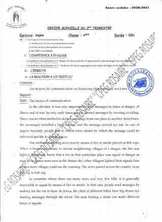 Première page de Anglais 4e — 1er devoir surveillé (2020-2021) · CPEG ROSAIRE