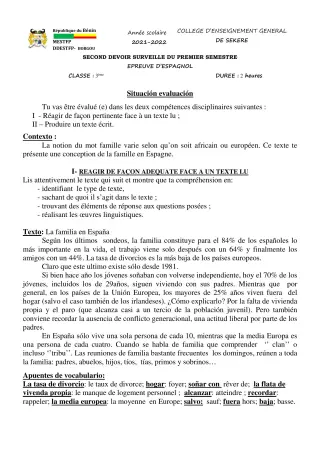 Première page de Espagnol 3e ML — 2e devoir surveillé, 1er semestre (2021-2022) · CEG SEKERE