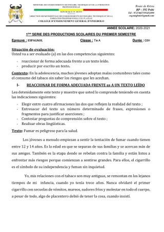 Première page de Espagnol Tle A2 — 1re production scolaire, 1er semestre (2020-2021) · CEG ONIGBOLO