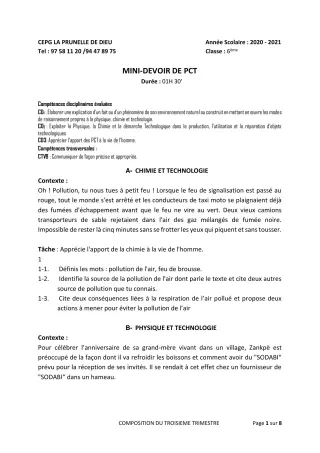 Première page de PCT 6e, 5e, 4e, 3e, 2nde B, 2nde D — Composition, 3e trimestre (2020-2021) · CEPG La Prunelle de Dieu