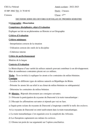 Première page de Histoire-Géographie 4e, 4e ML — 2e devoir surveillé, 1er semestre (2022-2023) · CEG LE NOKOUE